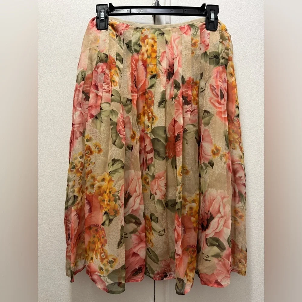 Sunny Leigh vintage Y2K Floral Silk Midi Skirt - Pink & Cream US 6